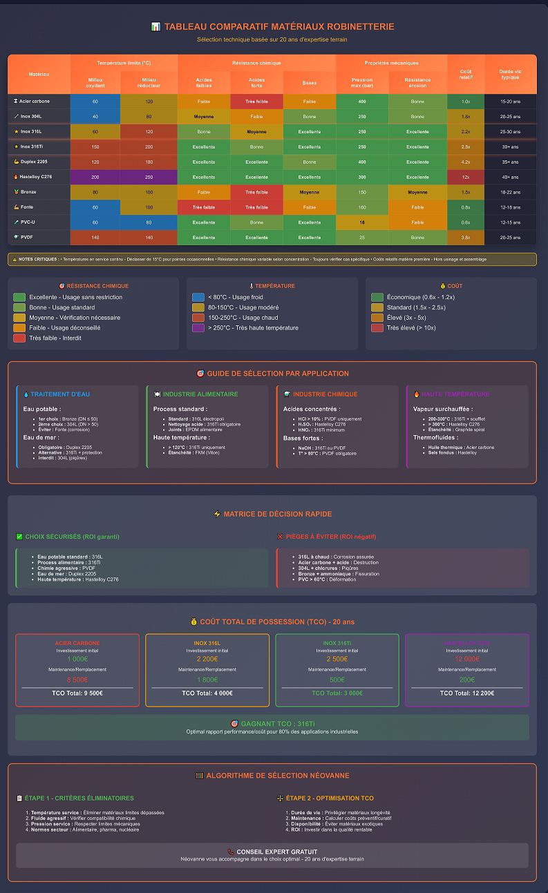 tableau comparatif matériaux robinetterie