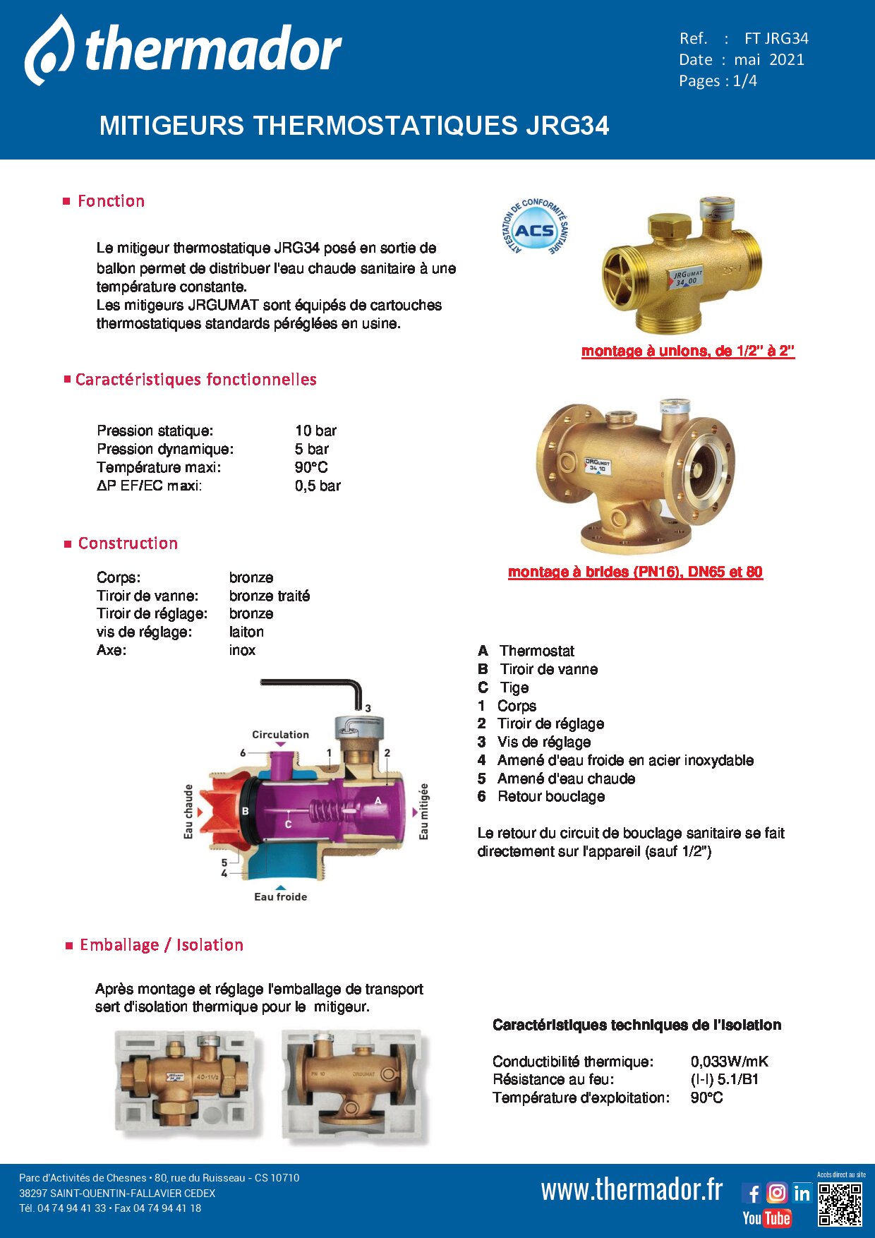 Mitigeur thermostatique JRG34B Thermador — Vue produit et schéma de raccordement hydraulique